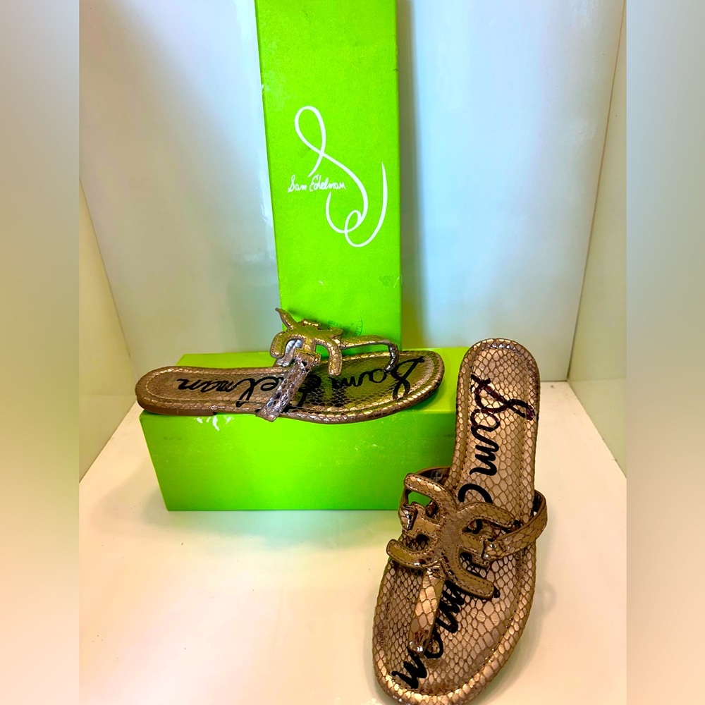 Sam Edelman Pewter Gold Metallic Snakeskin Sandals